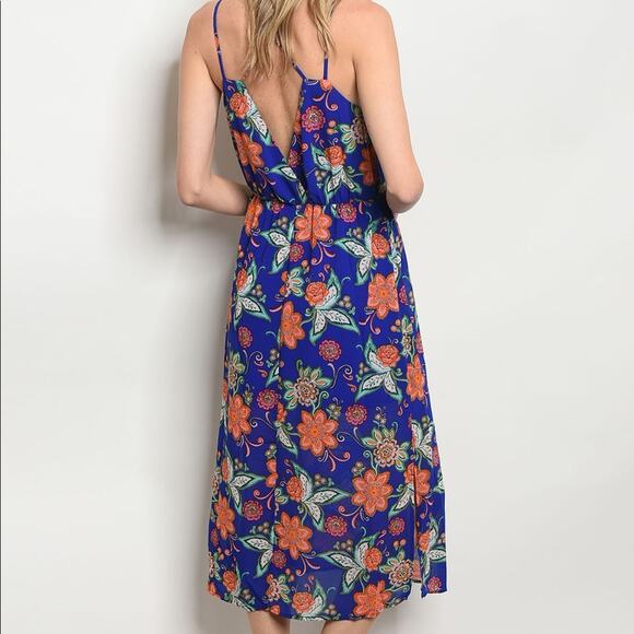 Floral Midi Dress Blue Elastic Cinched Waist - Picture 2 of 6